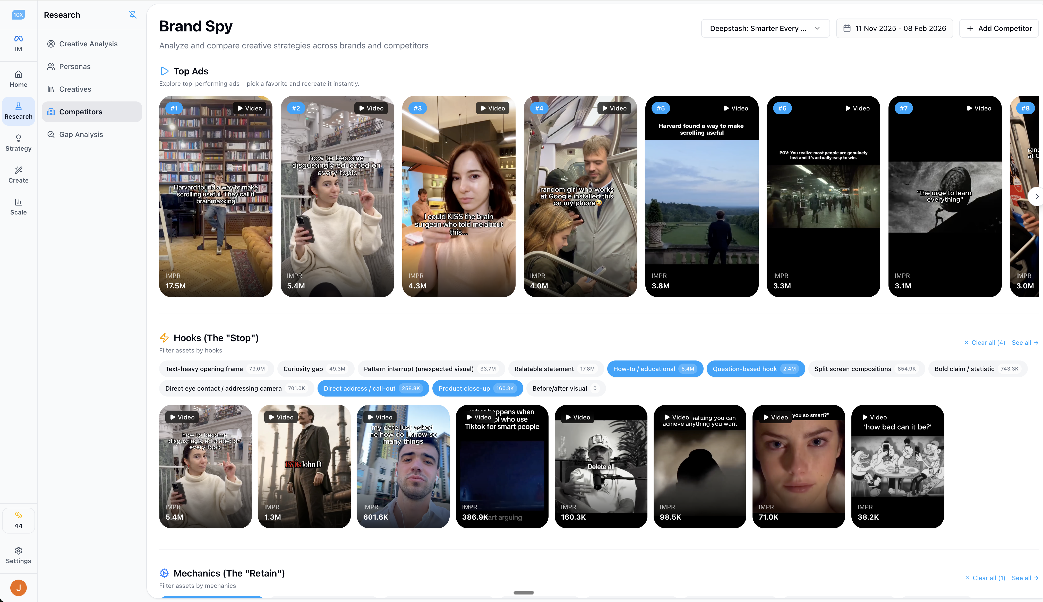 10x Marketing Platform - Brand Spy analyzing creative strategies